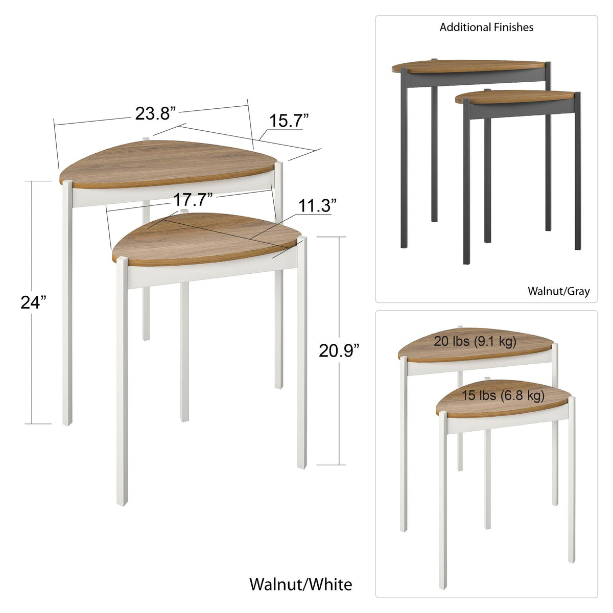 Sidoborde – 61x60x40 – 2 stycken med metallben i vitt – valnöt – Tallulah