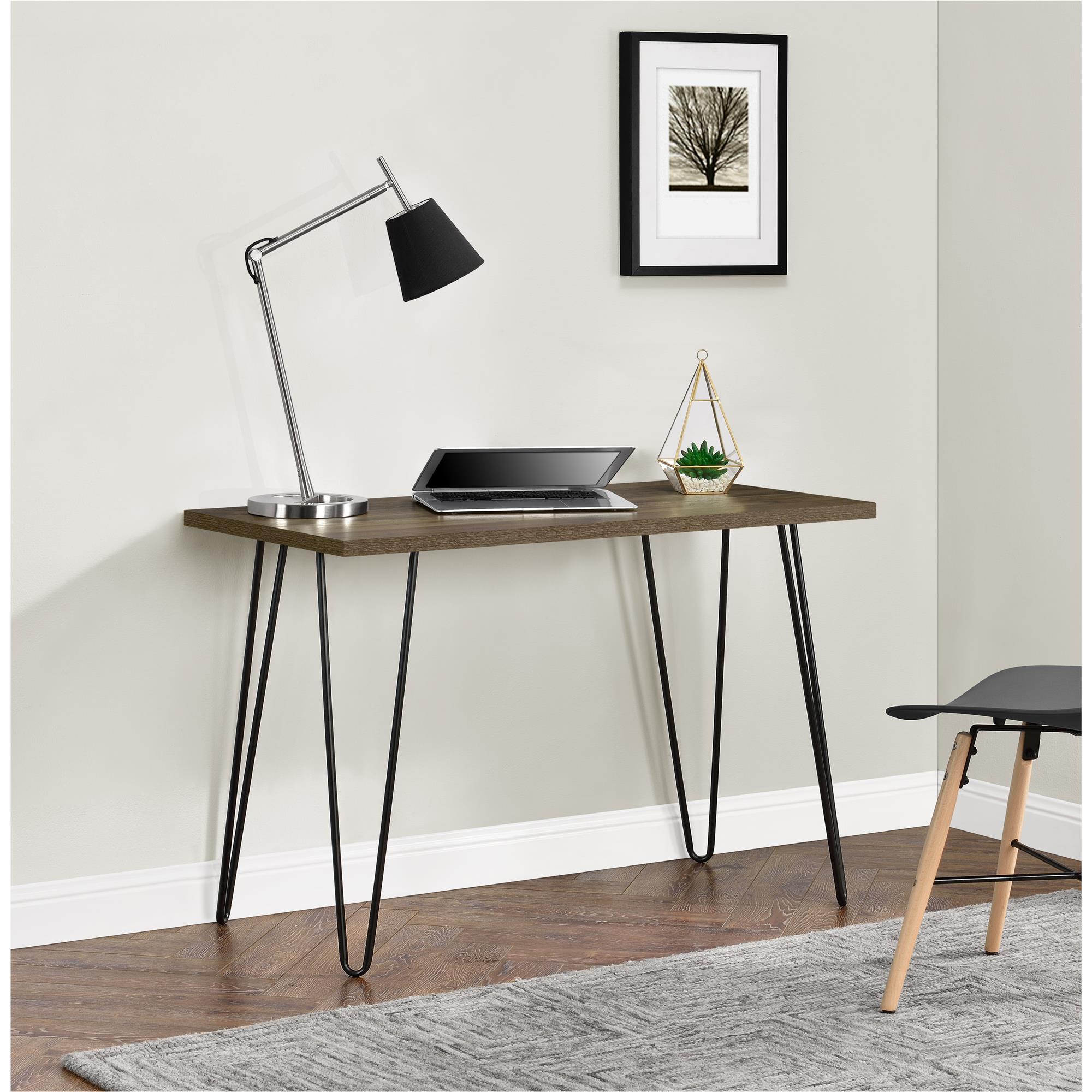 Skrivbord - 102x50x68 cm - modern design, med svarta hårnålsben i metall - valnöt - Owen