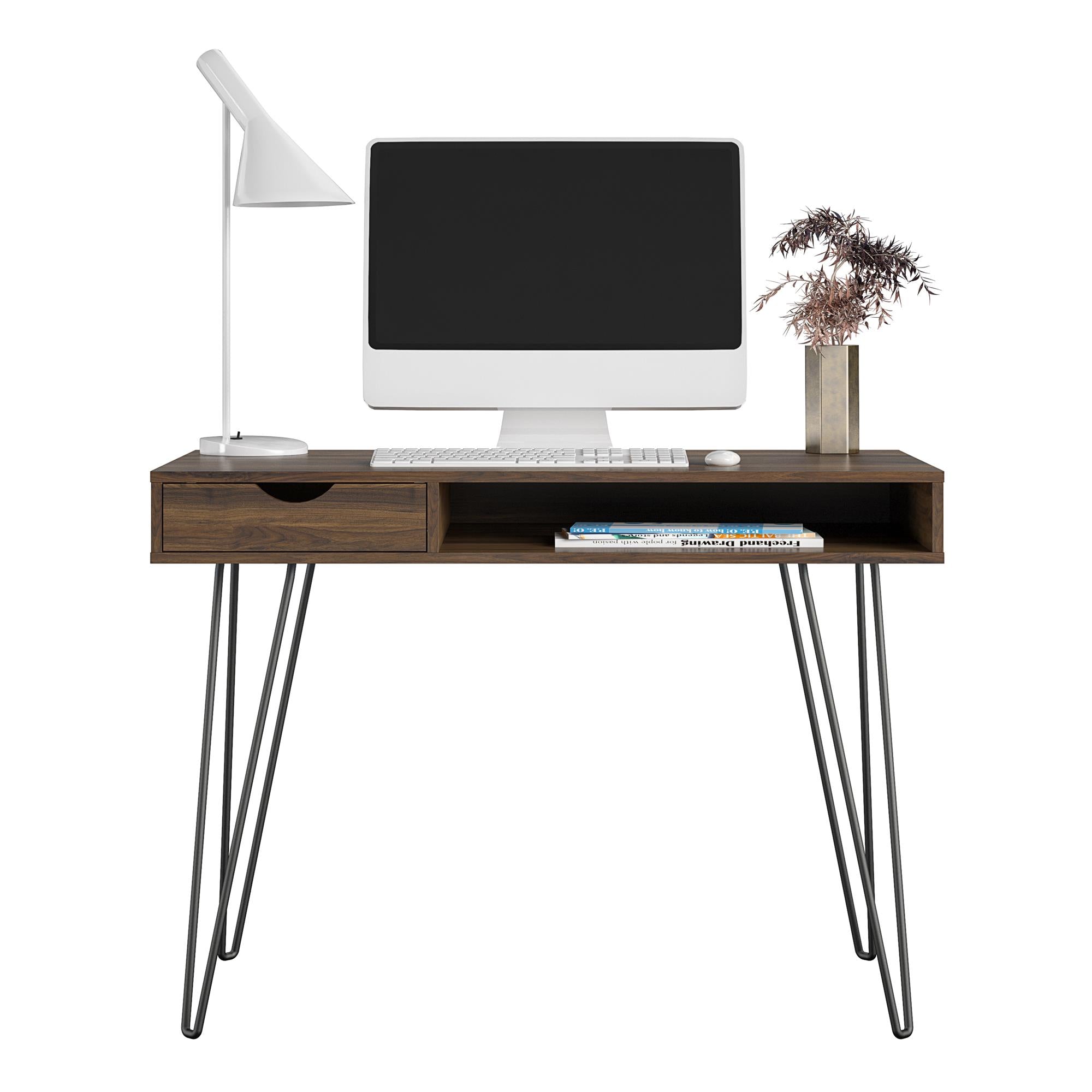 Skrivbord - 106x50x78 cm - med 1 hyllplan och 1 låda - valnöt - Concord