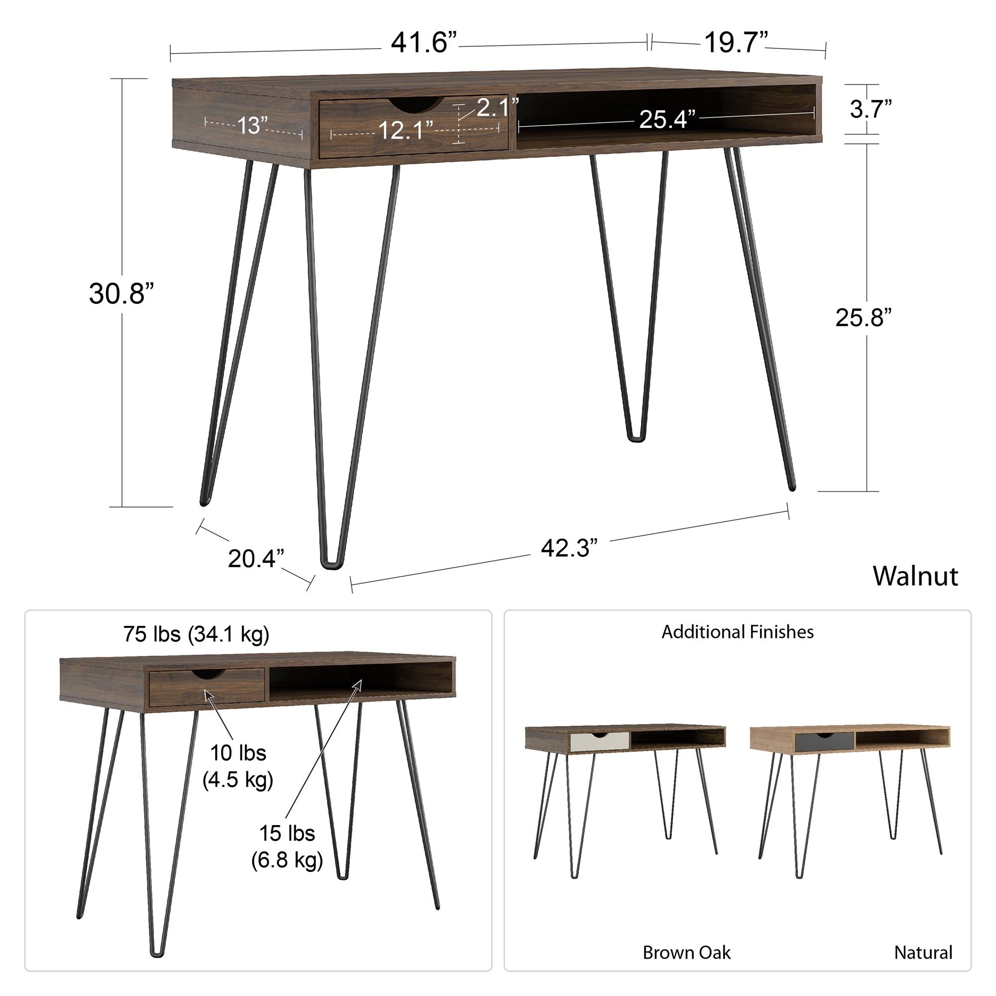 Skrivbord - 106x50x78 cm - med 1 hyllplan och 1 låda - valnöt - Concord