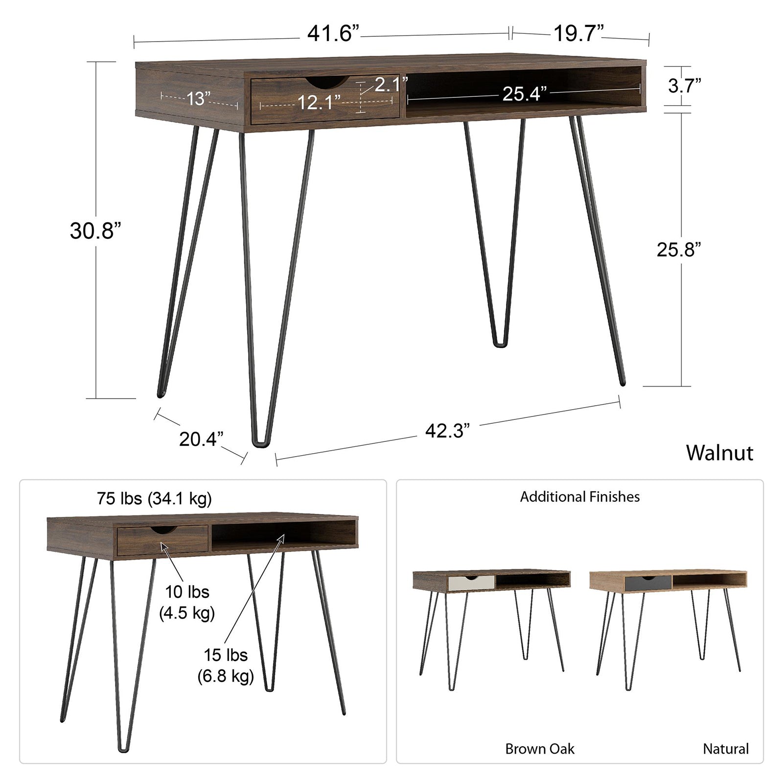 Skrivbord - 106x50x78 cm - med 1 hyllplan och 1 låda - valnöt - Concord