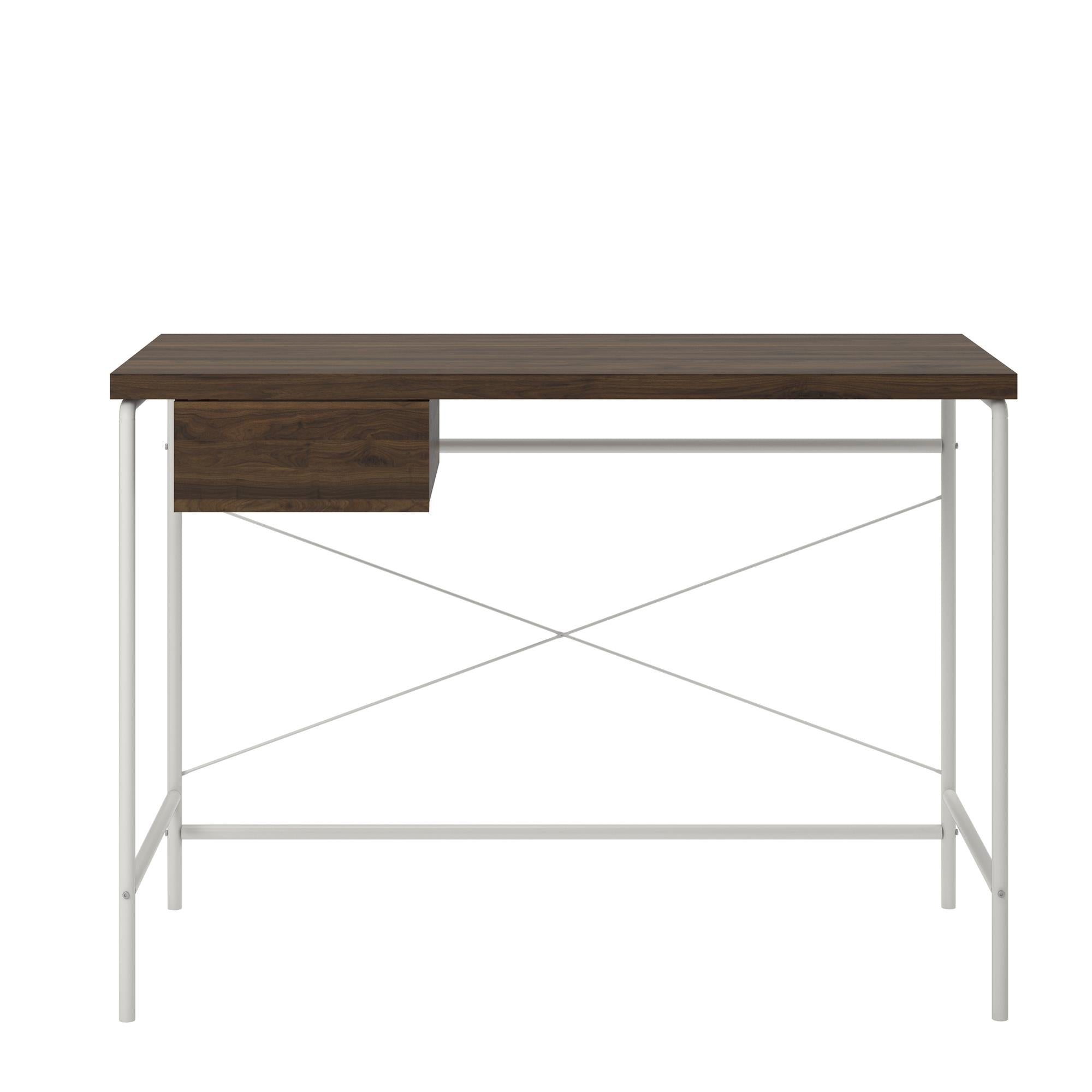 Skrivbord - 107x50x76 cm - med 1 låda, metallben i vitt - valnöt - Webster