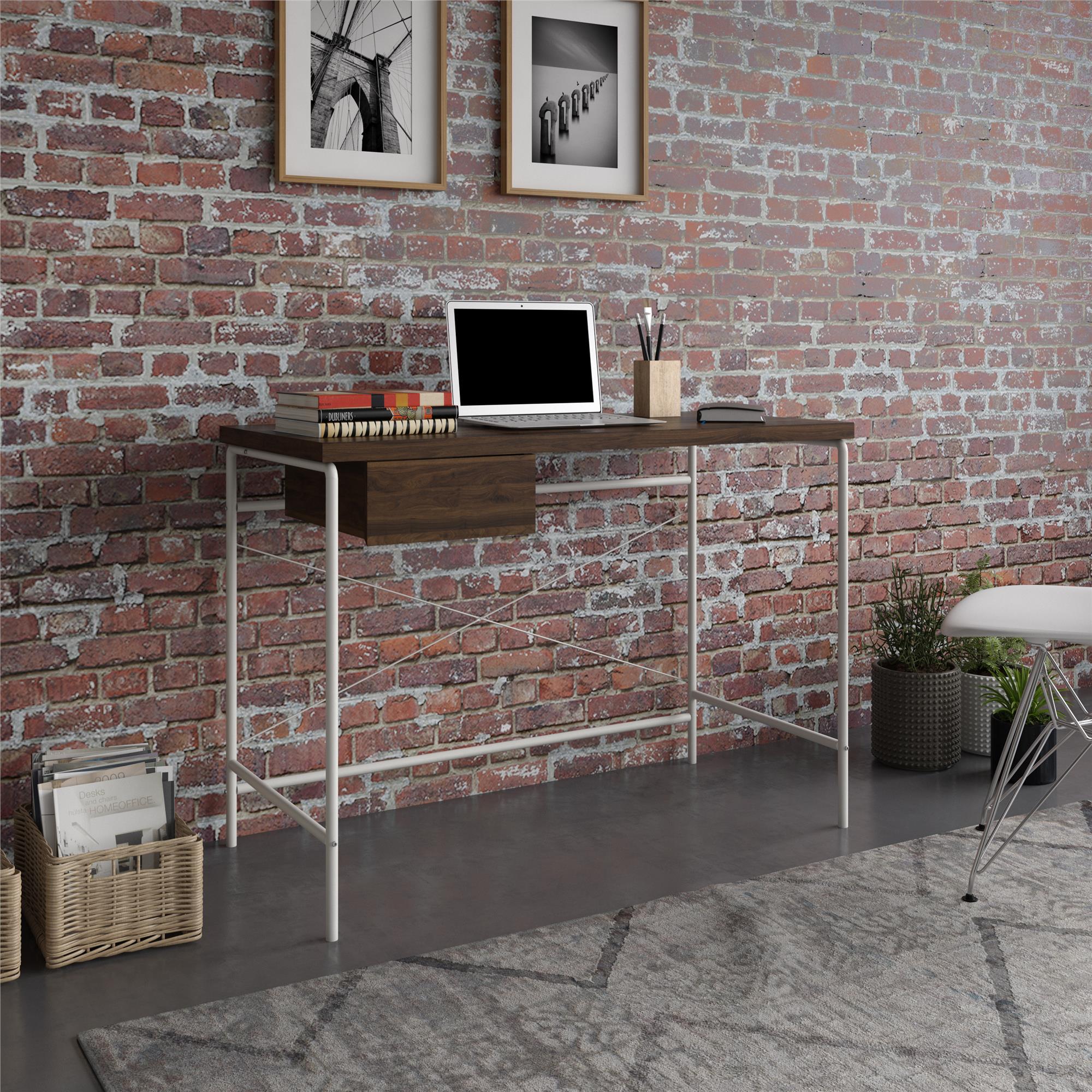 Skrivbord - 107x50x76 cm - med 1 låda, metallben i vitt - valnöt - Webster