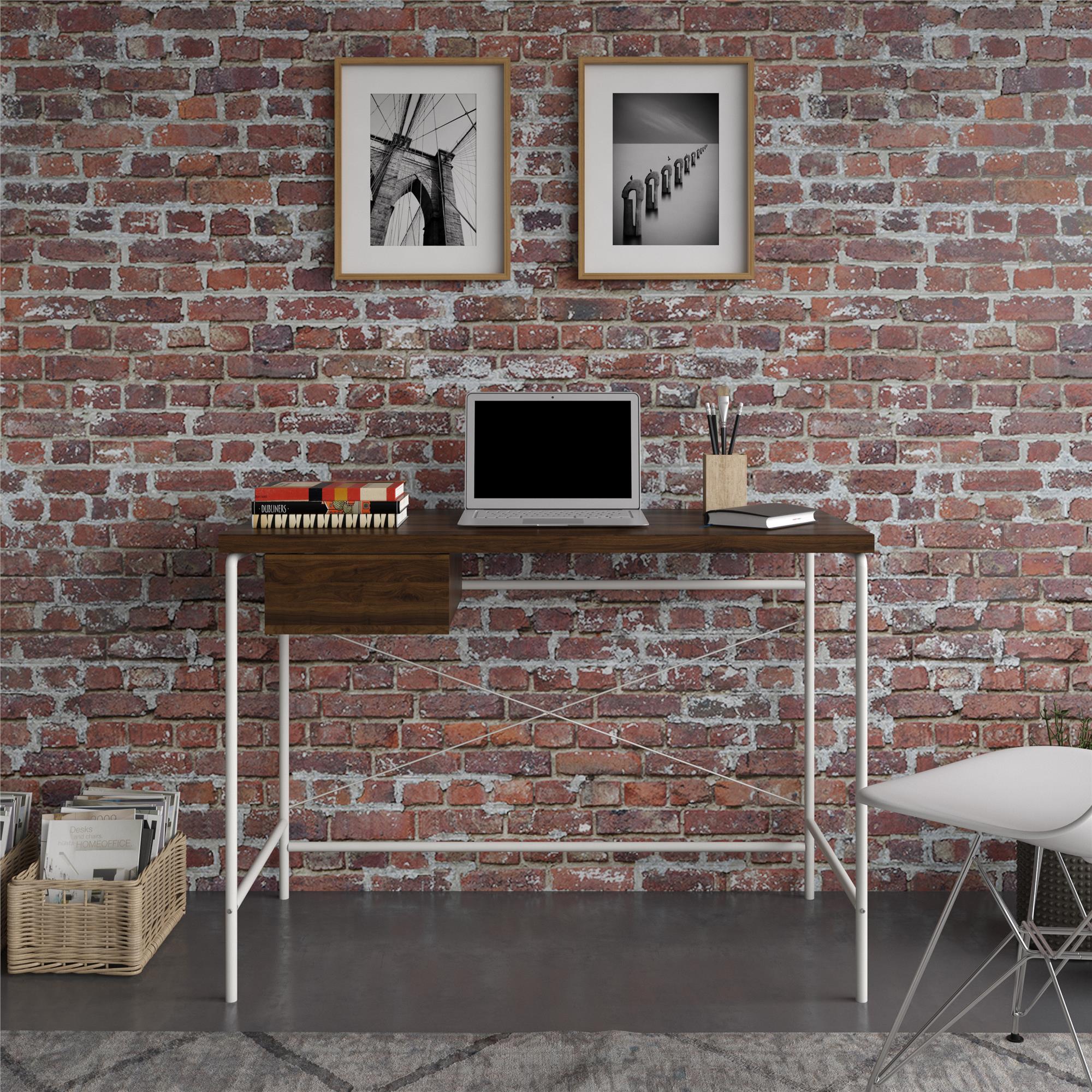 Skrivbord - 107x50x76 cm - med 1 låda, metallben i vitt - valnöt - Webster