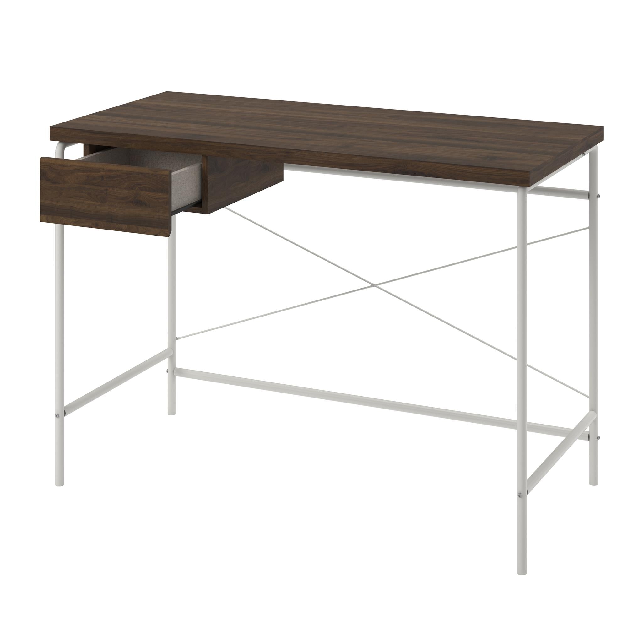 Skrivbord - 107x50x76 cm - med 1 låda, metallben i vitt - valnöt - Webster