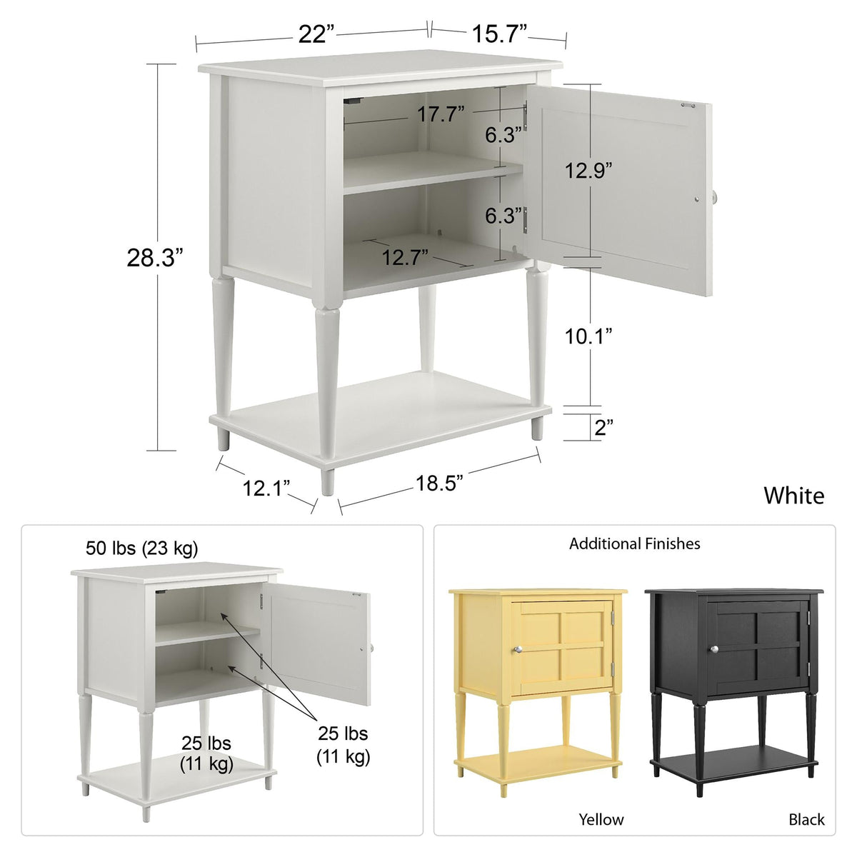 Sidobord - 56x40x72 cm - med skåpdörr och nedre hylla för förvaring - vit - Fairmont