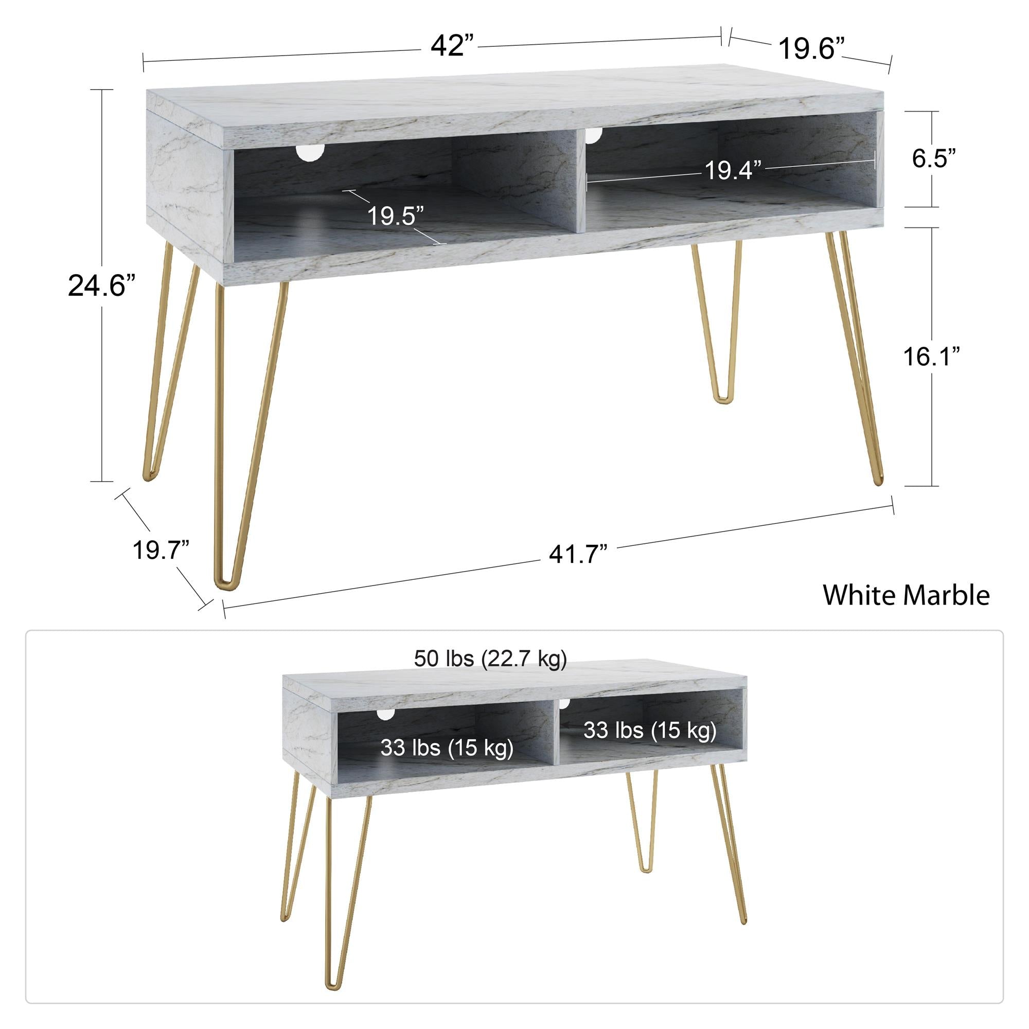 TV - bänk - 107x50x62 cm - med 2 fack, metallben i guldfärg - vit marmor - Nova - TV - möbler - TV - bänk - 107x50x62 cm - med 2 fack, metallben i guldfärg - vit marmor - Nova -