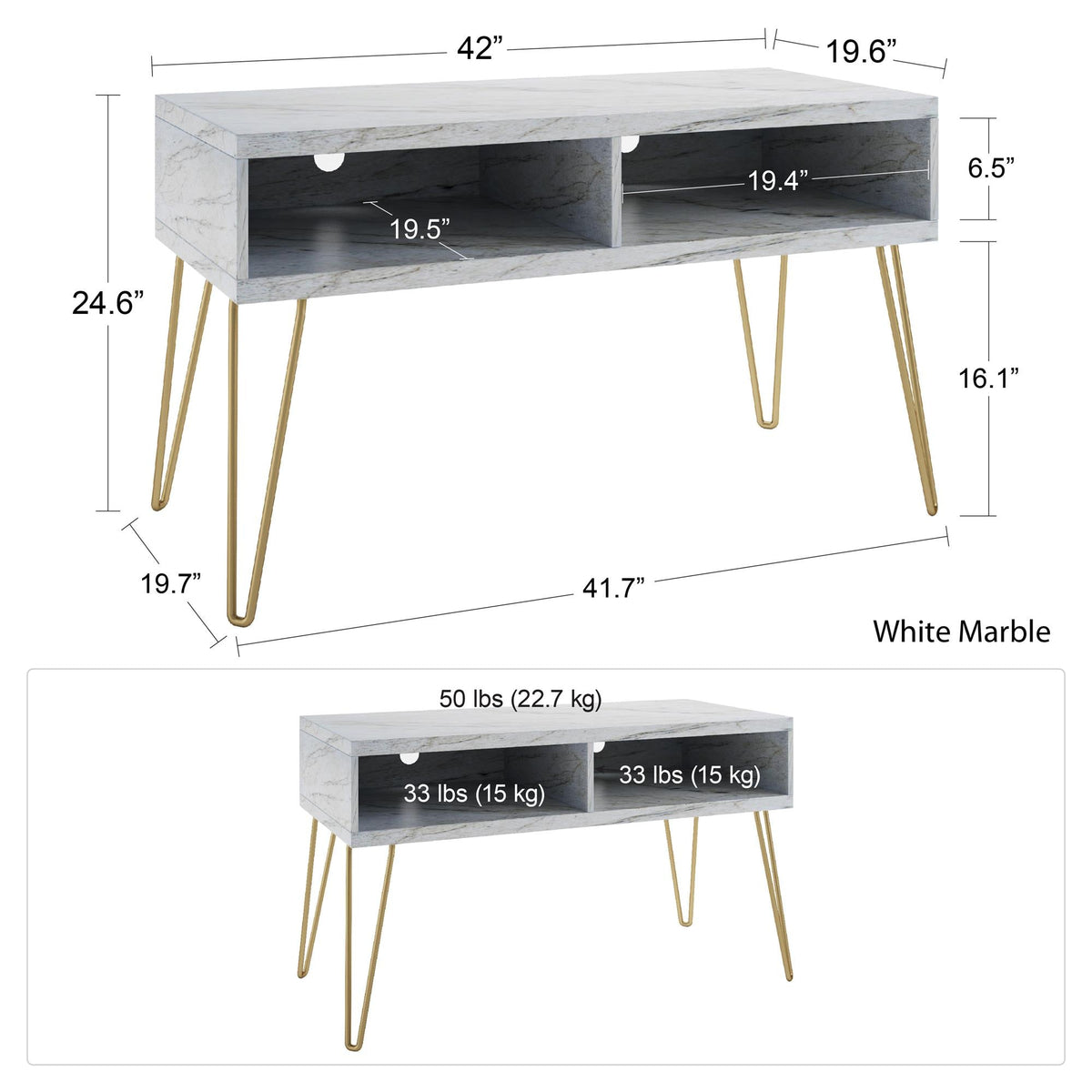 TV-bänk - 107x50x62 cm - med 2 fack, metallben i guldfärg - vit marmor - Nova