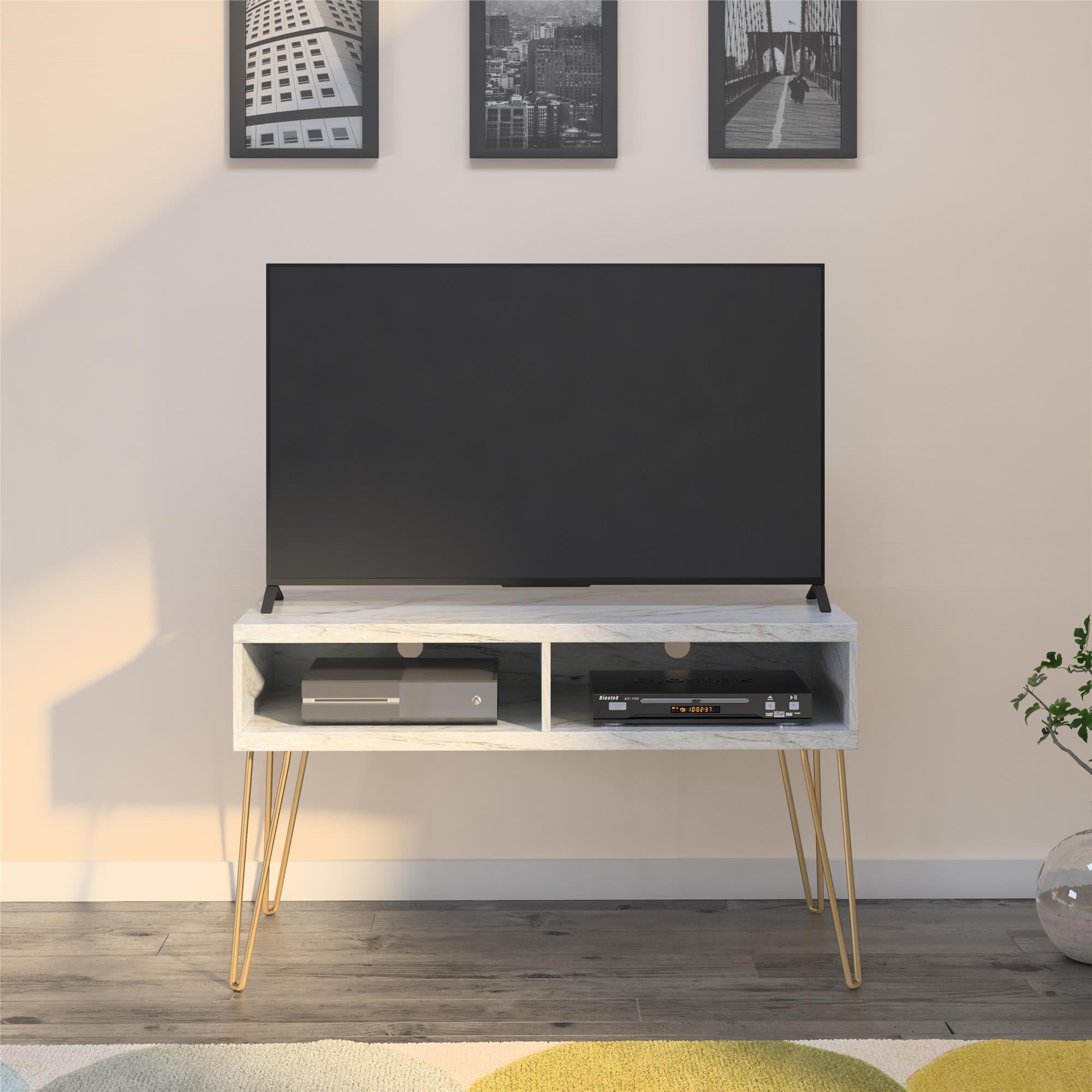 TV-bänk - 107x50x62 cm - med 2 fack, metallben i guldfärg - vit marmor - Nova