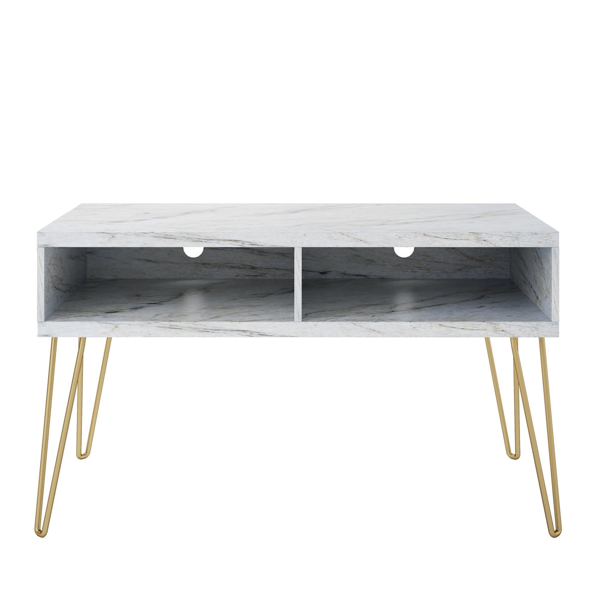 TV-bänk - 107x50x62 cm - med 2 fack, metallben i guldfärg - vit marmor - Nova