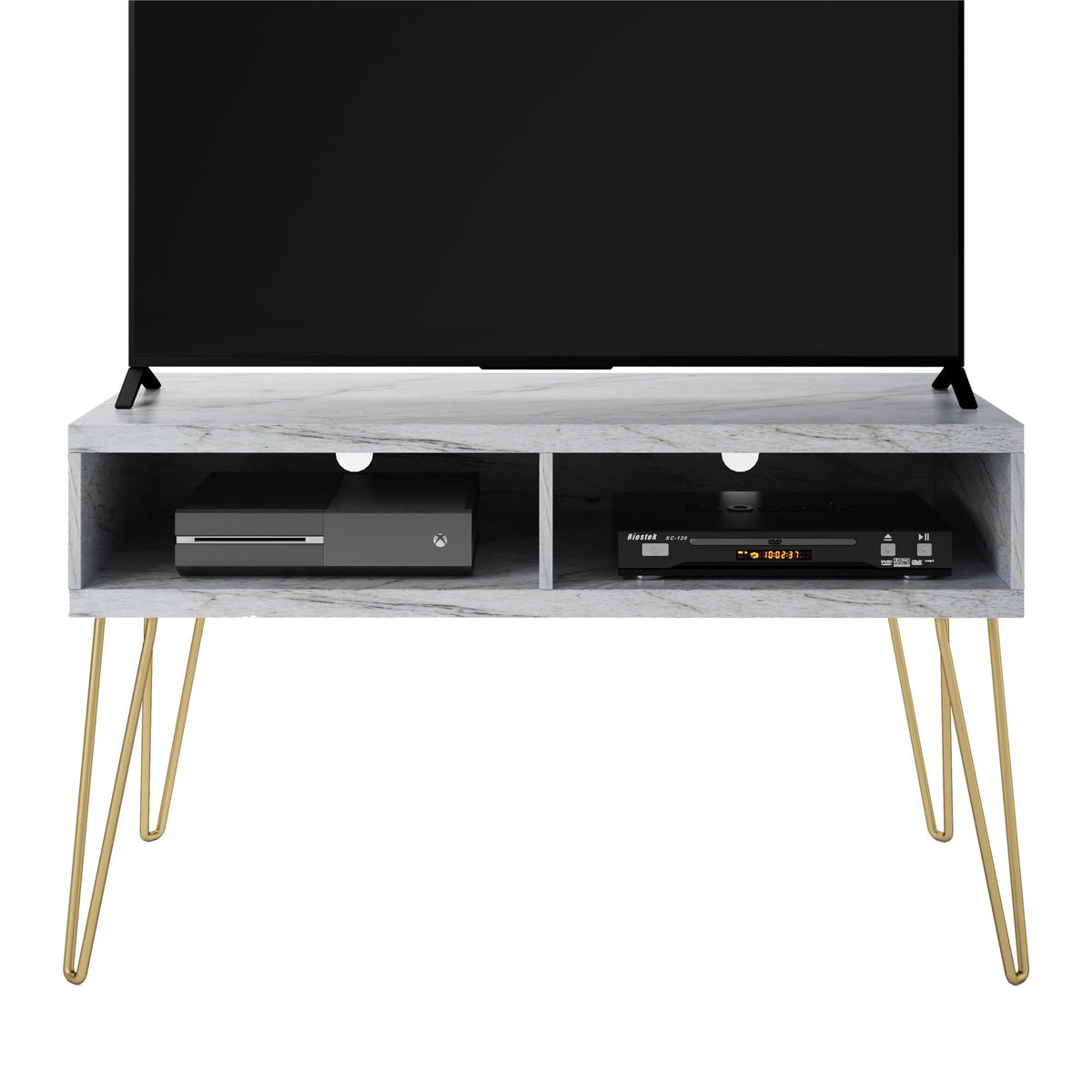 TV-bänk - 107x50x62 cm - med 2 fack, metallben i guldfärg - vit marmor - Nova
