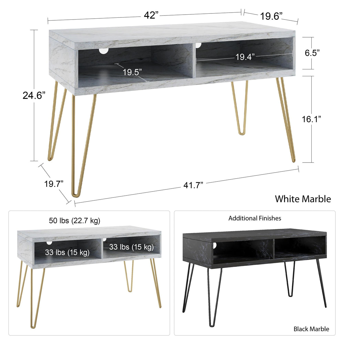 TV-bänk - 107x50x62 cm - med 2 fack, metallben i svart - svart marmor - Nova