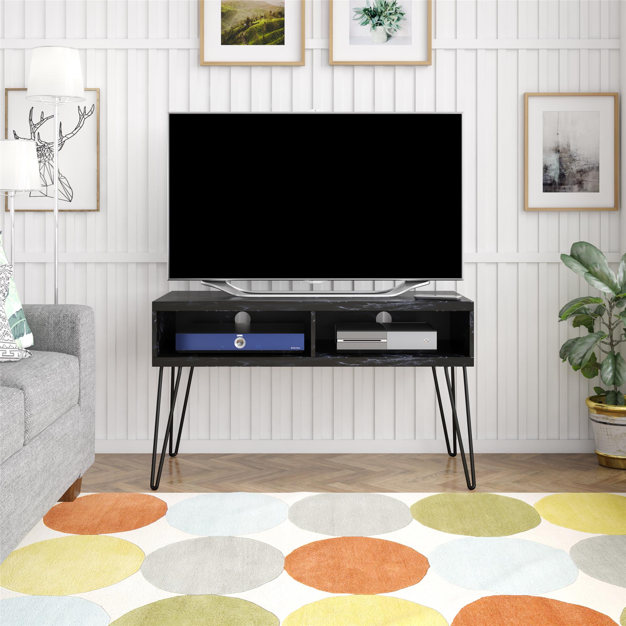 TV-bänk - 107x50x62 cm - med 2 fack, metallben i svart - svart marmor - Nova