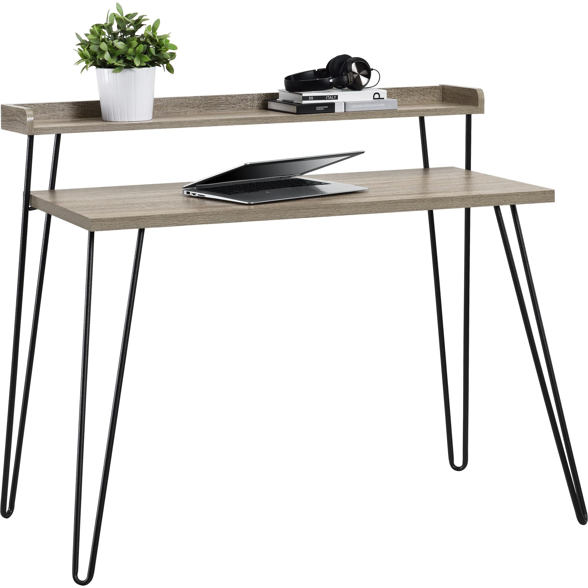 Skrivbord - 114x60x90 cm - med upphöjd hylla för förvaring. Svarta hårnålsben i metall - ek - Haven
