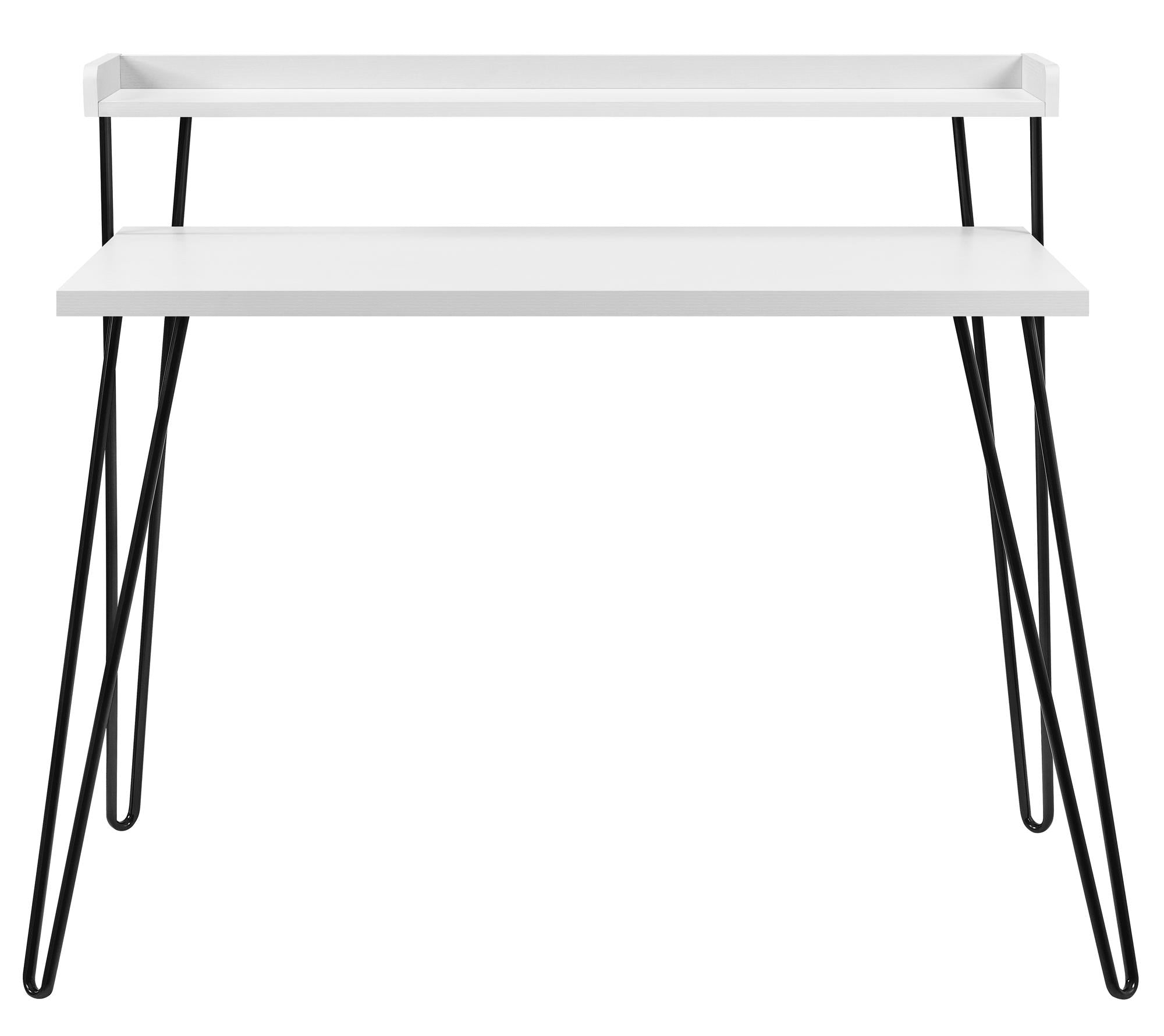 Skrivbord - 114x60x90 cm - med upphöjd hylla för förvaring. Svarta bordsben i hairpin-stil av metall - vit - Haven