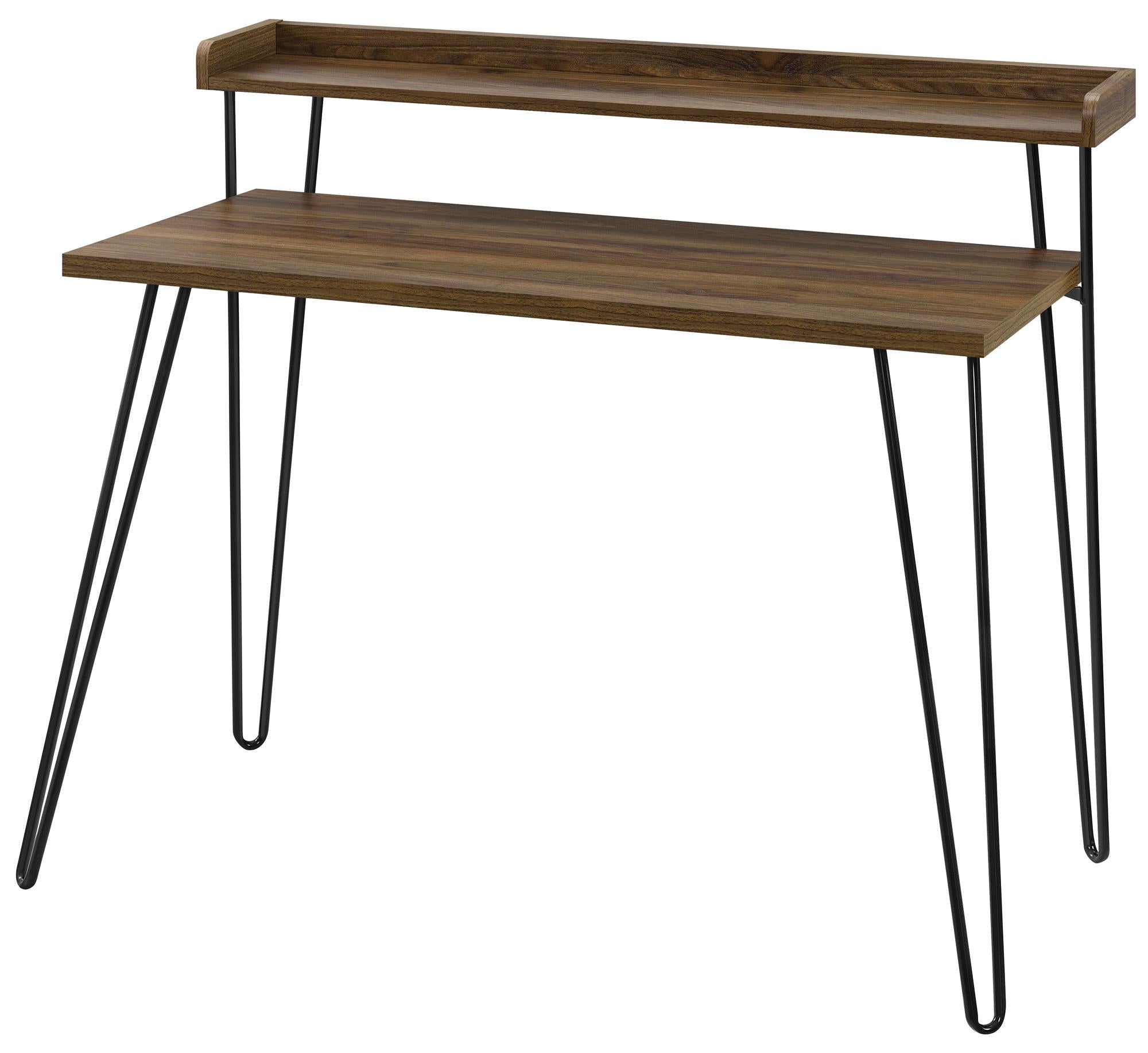 Skrivbord - 114x60x90 cm - med upphöjd hylla för förvaring. Svarta metallben i hairpin-stil - valnöt - Haven