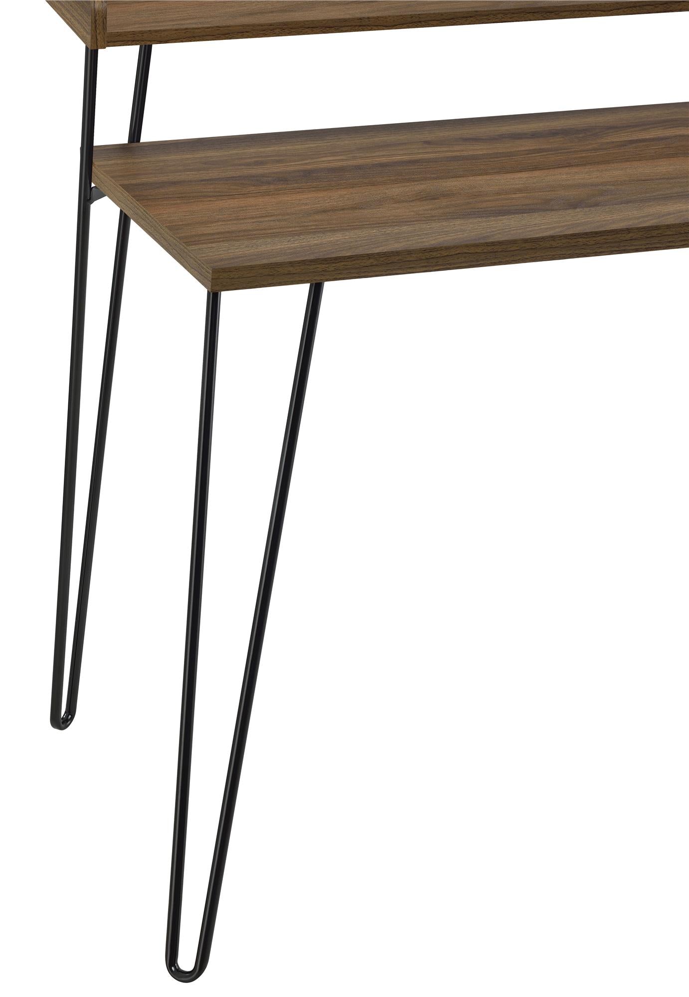 Skrivbord - 114x60x90 cm - med upphöjd hylla för förvaring. Svarta metallben i hairpin-stil - valnöt - Haven