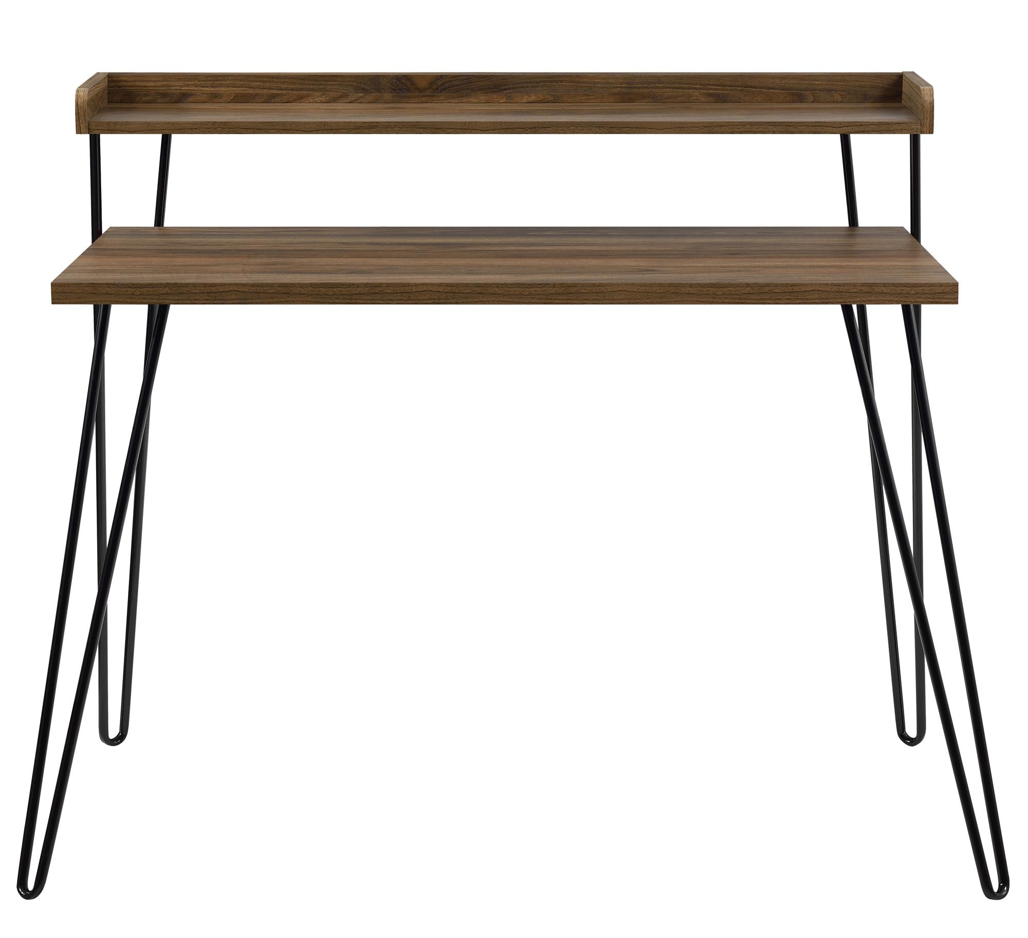 Skrivbord - 114x60x90 cm - med upphöjd hylla för förvaring. Svarta metallben i hairpin-stil - valnöt - Haven