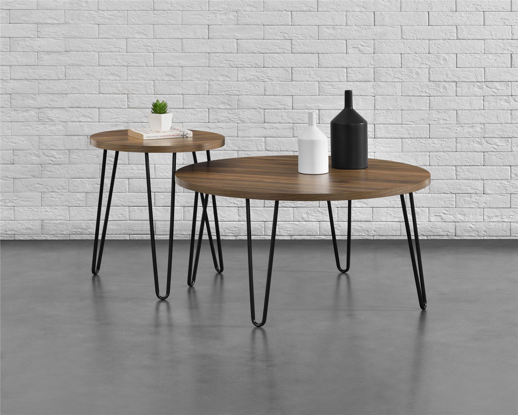 Runt soffbord - Ø90x45 - modern design, med svarta hårnålsben i metall - valnöt - Owen