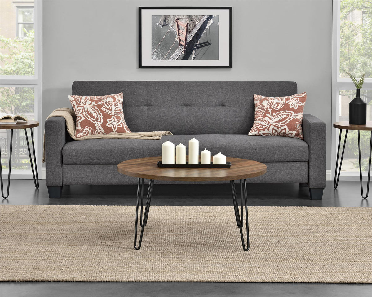 Runt soffbord - Ø90x45 - modern design, med svarta hårnålsben i metall - valnöt - Owen