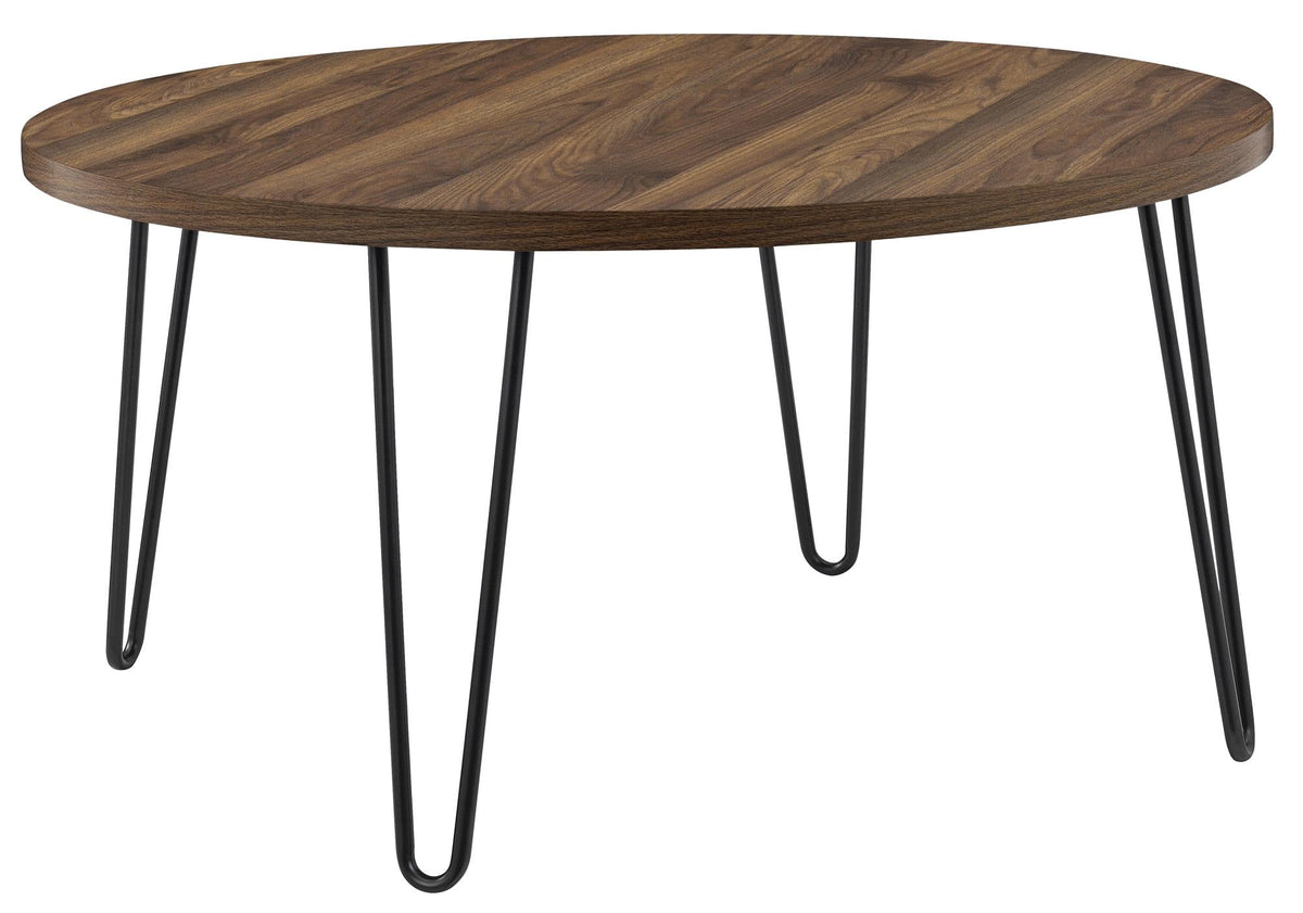 Runt soffbord - Ø90x45 - modern design, med svarta hårnålsben i metall - valnöt - Owen