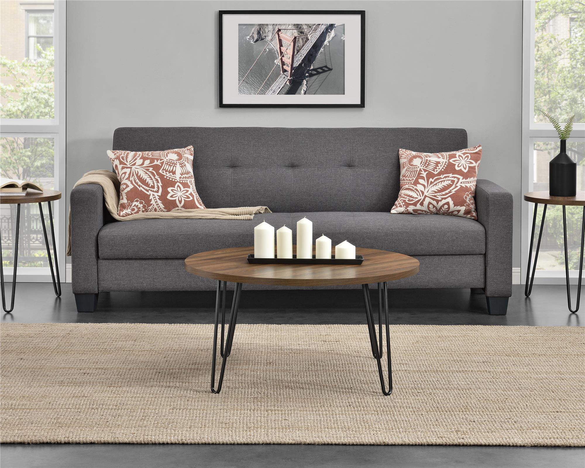 Runt soffbord - Ø90x45 - modern design, med svarta hårnålsben i metall - valnöt - Owen