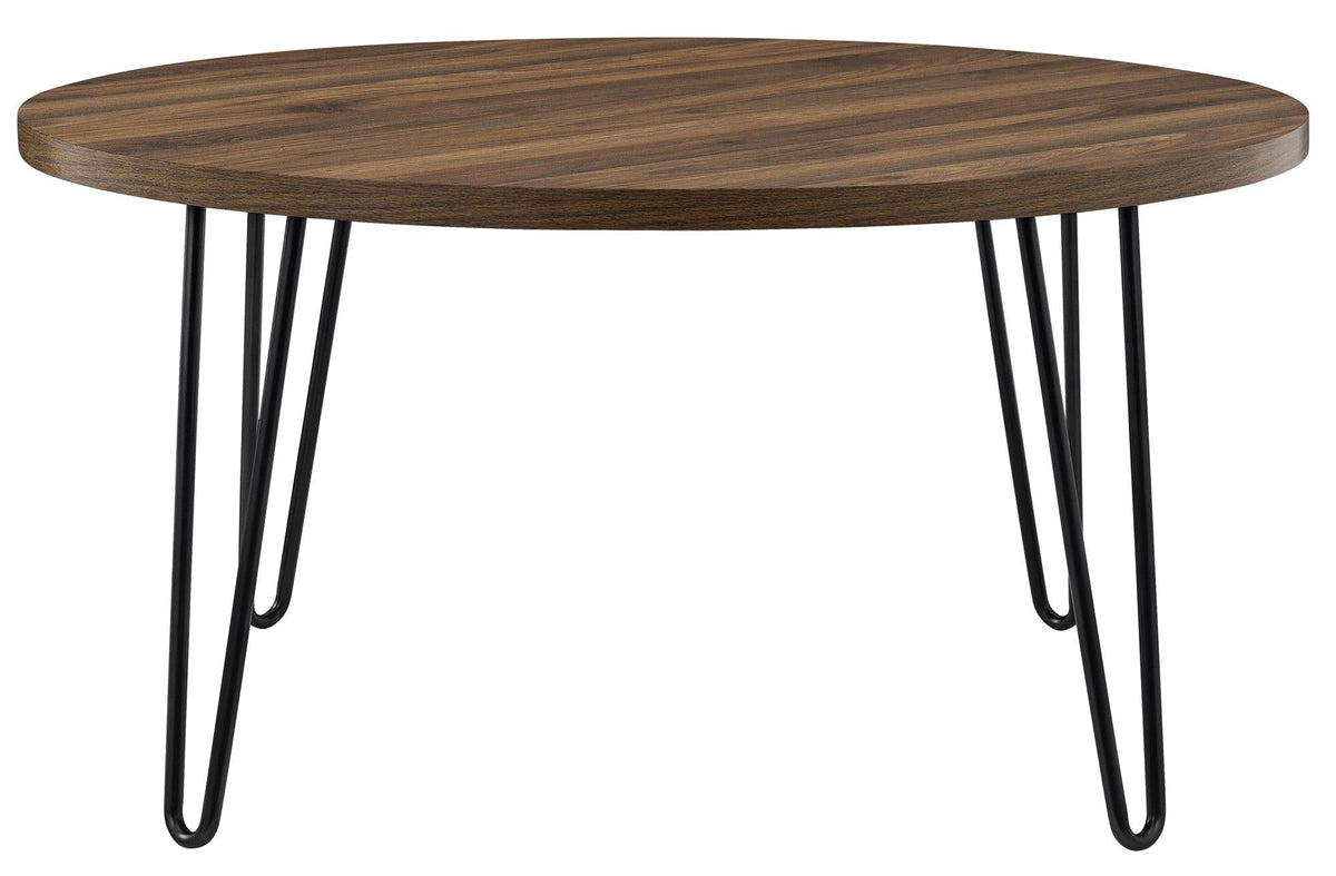 Runt soffbord - Ø90x45 - modern design, med svarta hårnålsben i metall - valnöt - Owen