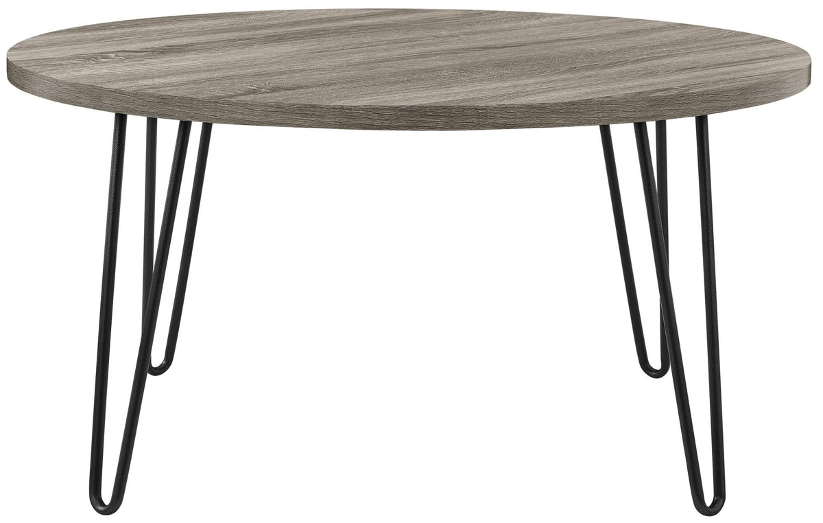 Runt soffbord - Ø90x45 - modern design, med svarta hårnålsben i metall - ek - Owen