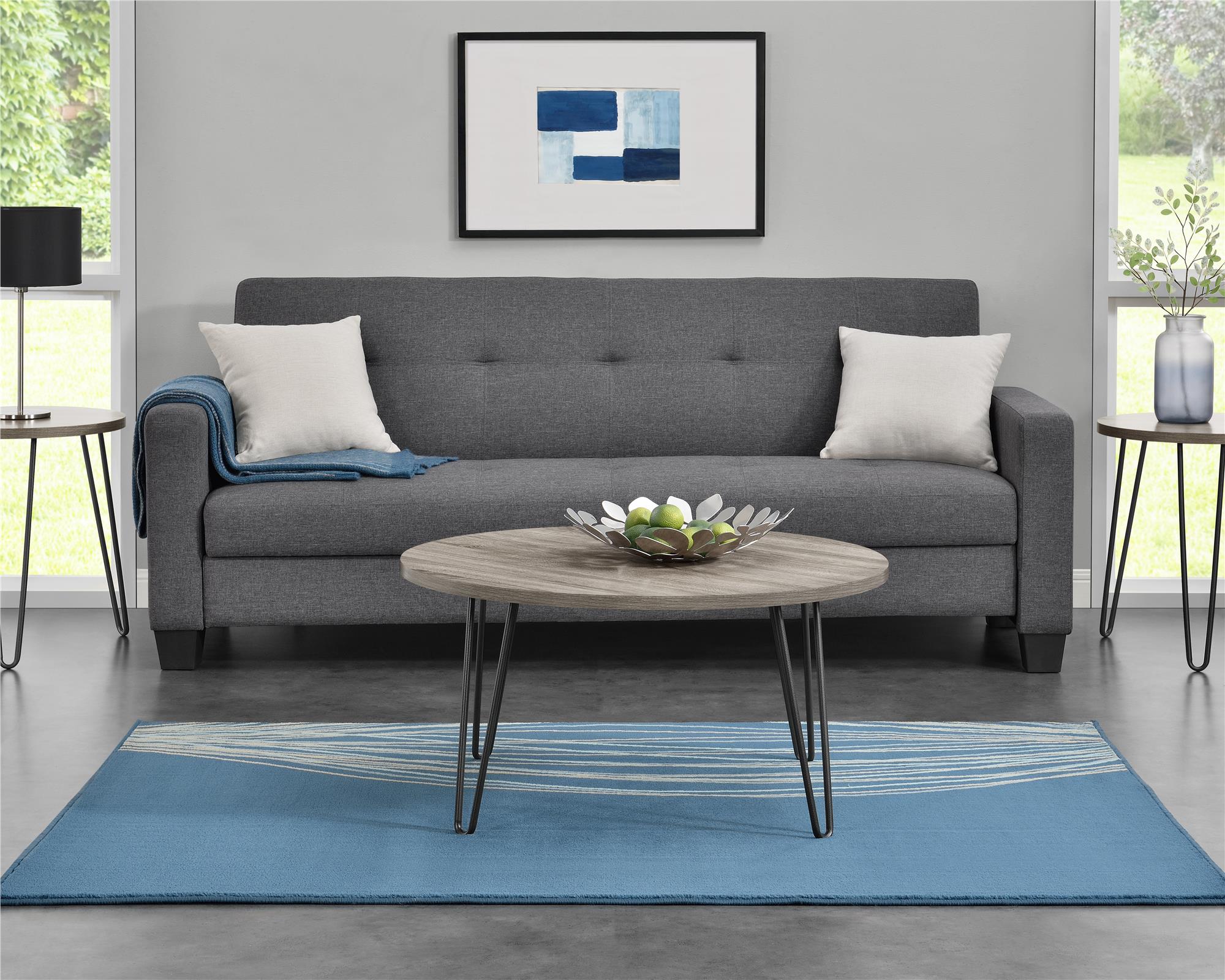 Runt soffbord - Ø90x45 - modern design, med svarta hårnålsben i metall - ek - Owen