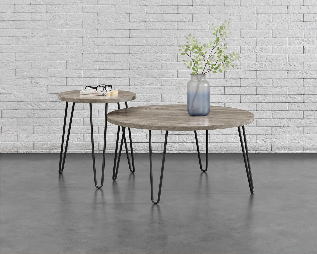 Runt soffbord - Ø90x45 - modern design, med svarta hårnålsben i metall - ek - Owen