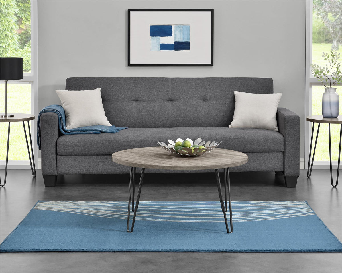 Runt soffbord - Ø90x45 - modern design, med svarta hårnålsben i metall - ek - Owen