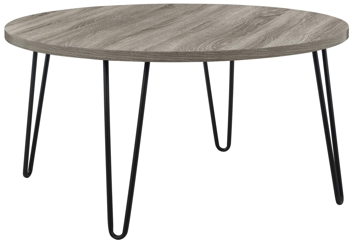Runt soffbord - Ø90x45 - modern design, med svarta hårnålsben i metall - ek - Owen