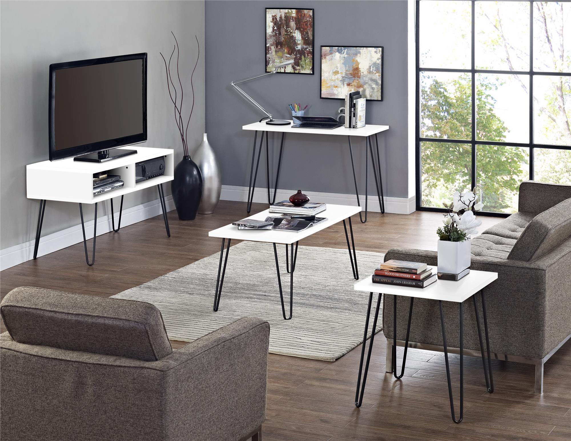 TV-bänk - 107x50x62 cm - med 2 fack och svarta metallben i hårnålsstil - vit - Owen