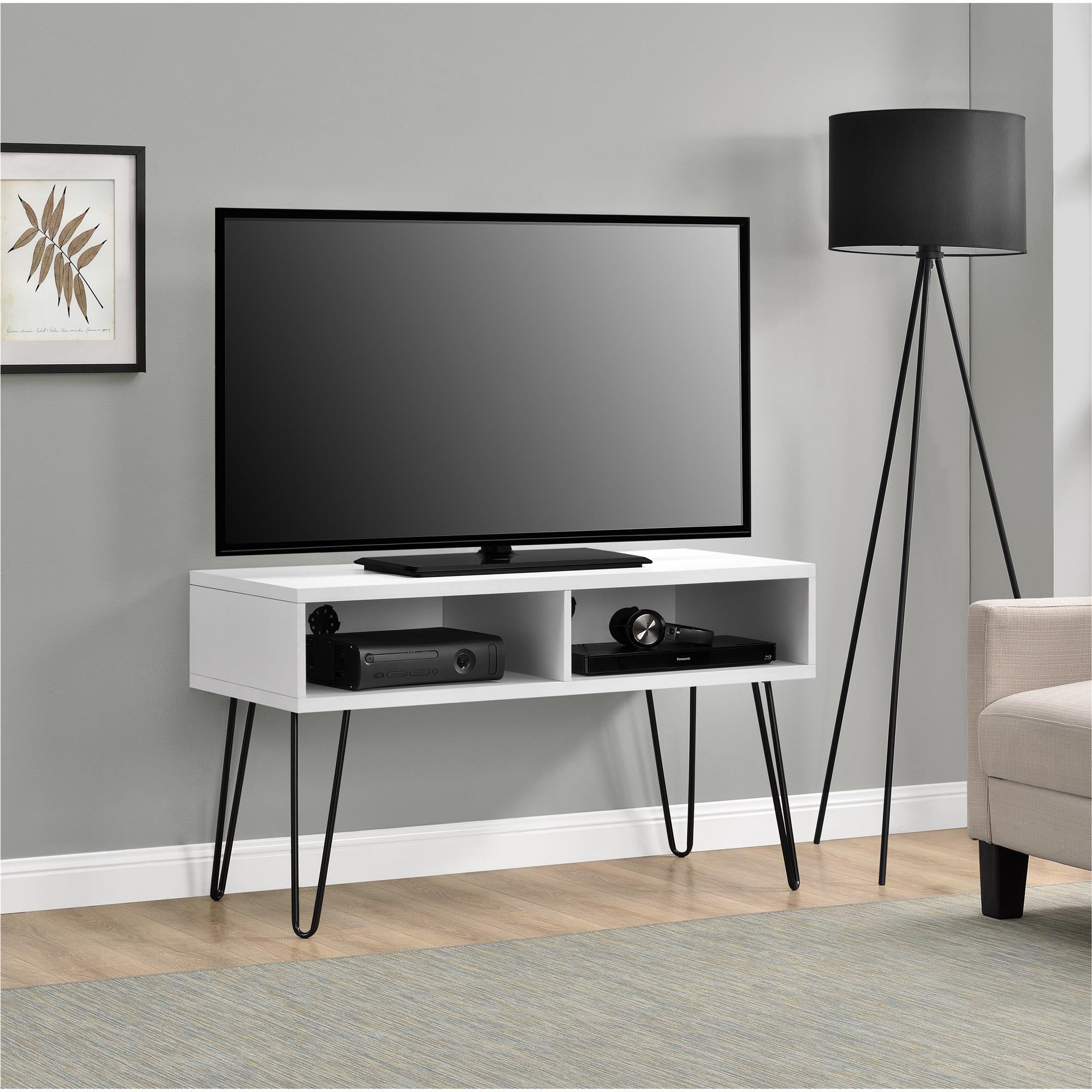 TV-bänk - 107x50x62 cm - med 2 fack och svarta metallben i hårnålsstil - vit - Owen