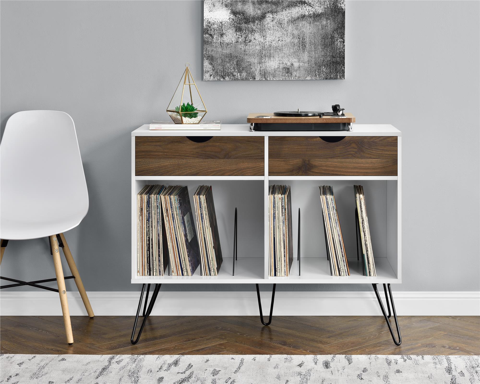 Hyllenhet – 101x46x81 cm – med 2 lådor med valnötsfinish på Fronter, och 2 fack med avdelare – vit – Concord