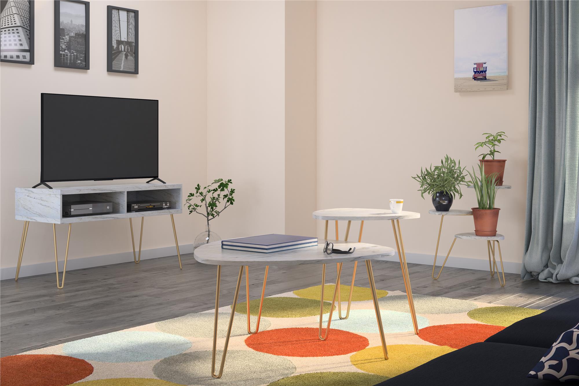 Soffbord - Ø83x46 / Ø50x58 cm - 2 bord i modern design och guldfärgade hairpin-ben i metall - vitt - Athena