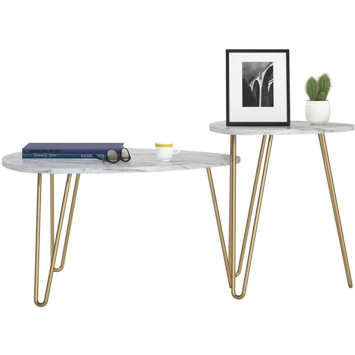 Soffbord - Ø83x46 / Ø50x58 cm - 2 bord i modern design och guldfärgade hairpin-ben i metall - vitt - Athena