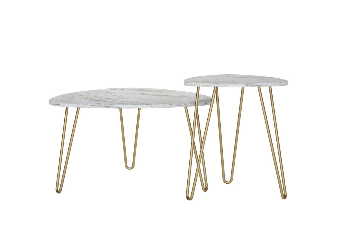 Soffbord - Ø83x46 / Ø50x58 cm - 2 bord i modern design och guldfärgade hairpin-ben i metall - vitt - Athena