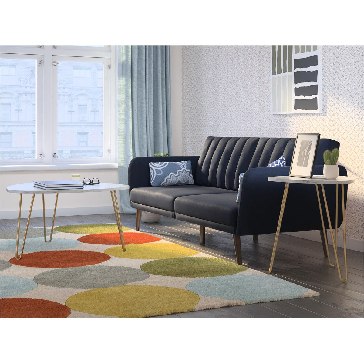Soffbord - Ø83x46 / Ø50x58 cm - 2 bord i modern design och guldfärgade hairpin-ben i metall - vitt - Athena