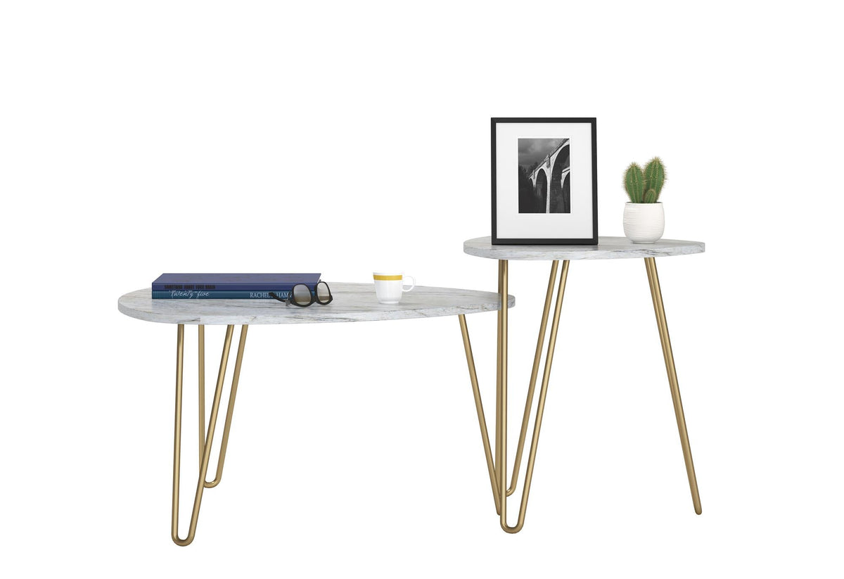 Soffbord - Ø83x46 / Ø50x58 cm - 2 bord i modern design och guldfärgade hairpin-ben i metall - vitt - Athena