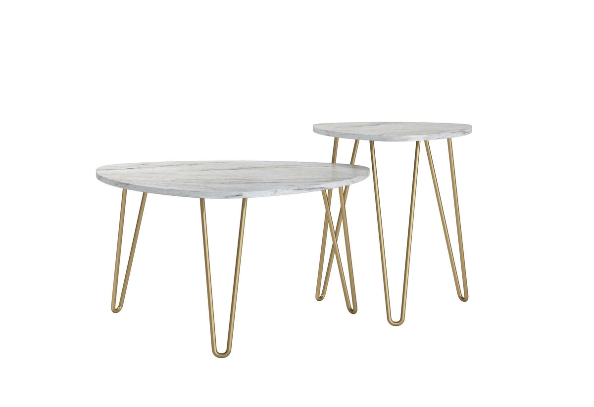 Soffbord - Ø83x46 / Ø50x58 cm - 2 bord i modern design och guldfärgade hairpin-ben i metall - vitt - Athena