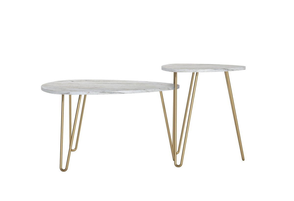 Soffbord - Ø83x46 / Ø50x58 cm - 2 bord i modern design och guldfärgade hairpin-ben i metall - vitt - Athena