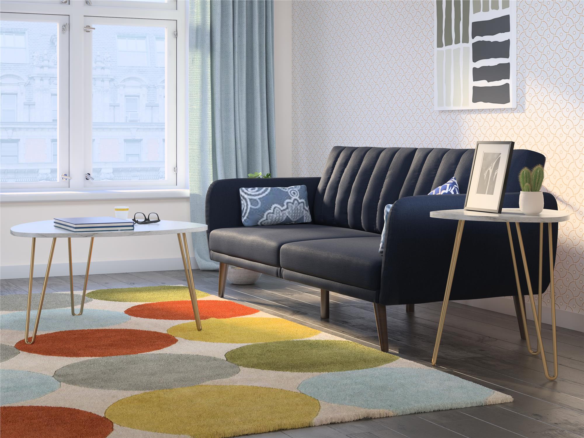 Soffbord - Ø83x46 / Ø50x58 cm - 2 bord i modern design och guldfärgade hairpin-ben i metall - vitt - Athena