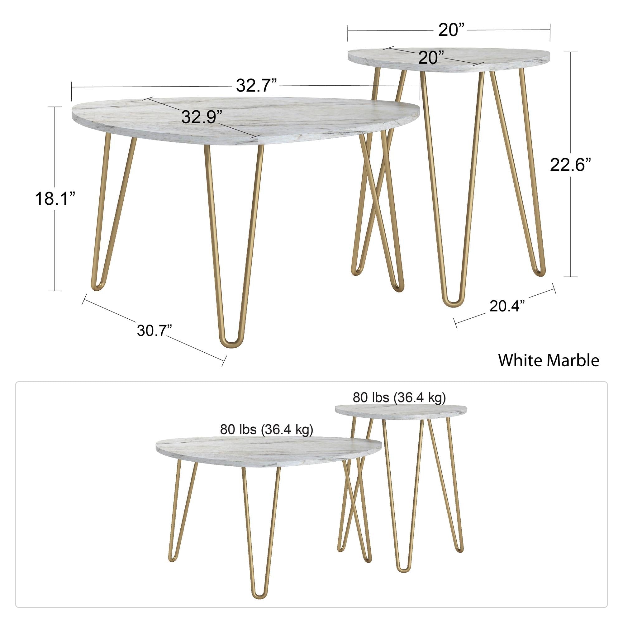 Soffbord - Ø83x46 / Ø50x58 cm - 2 bord i modern design och guldfärgade metallben med hårnålar - vit - Athena - Soffbord - Soffbord - Ø83x46 / Ø50x58 cm - 2 bord i modern design och guldfärgade metallben med hårnålar - vit - Athena -