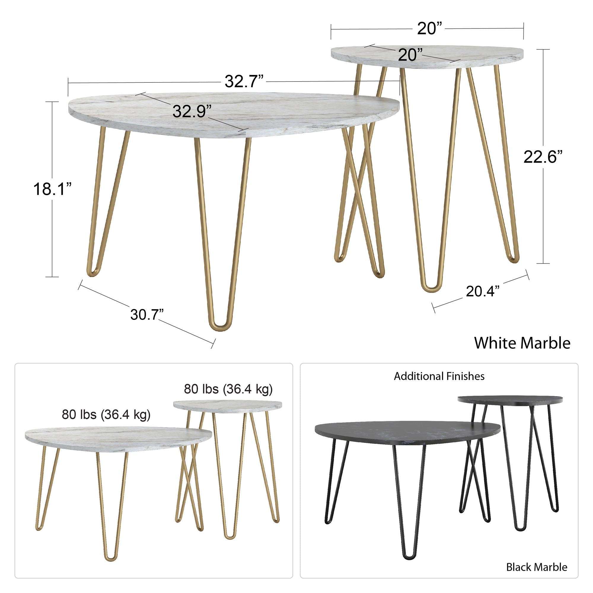Soffbord - Ø83x46 / Ø50x58 cm - 2 bord i modern design och guldfärgade metallben med hårnålar - svart - Athena - Soffbord - Soffbord - Ø83x46 / Ø50x58 cm - 2 bord i modern design och guldfärgade metallben med hårnålar - svart - Athena -
