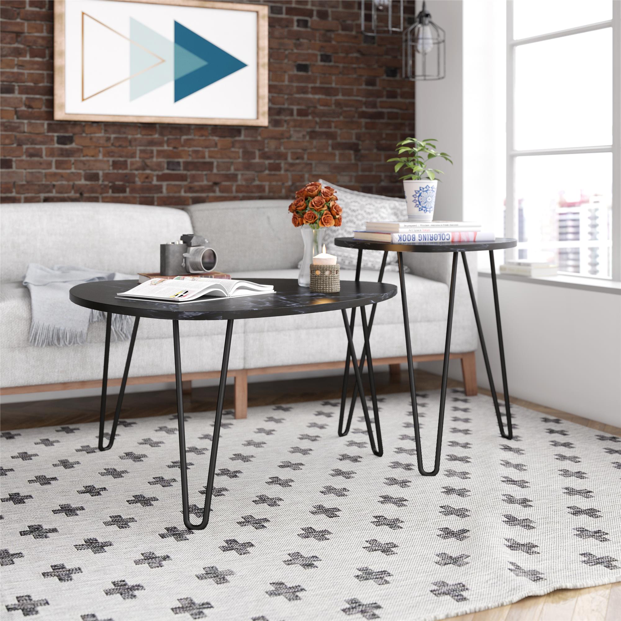 Soffbord - Ø83x46 / Ø50x58 cm - 2 bord i modern design och guldfärgade hairpin-ben i metall - svart - Athena