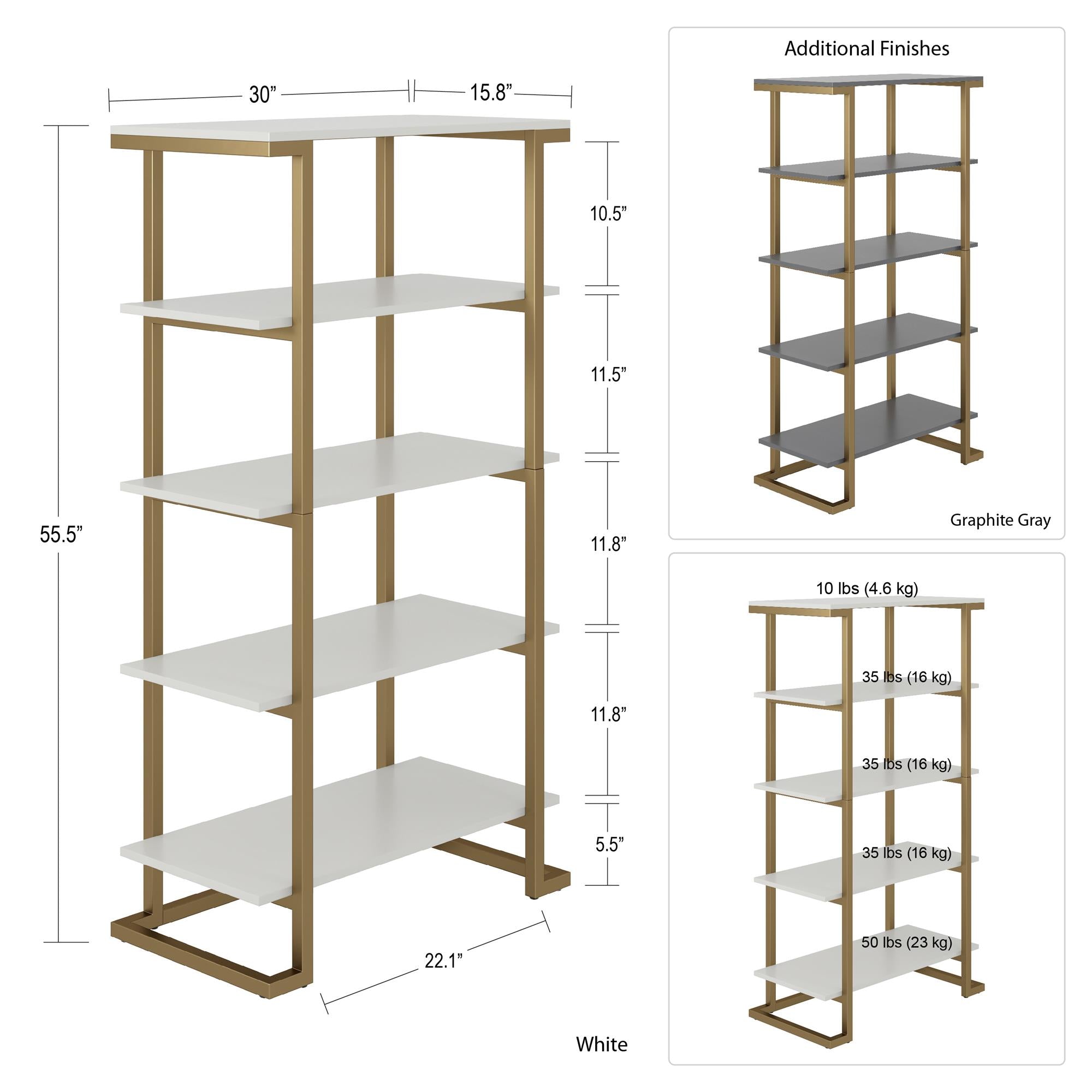 Hyllenhet - 76x40x141 cm - med 5 hyllplan, metallram i mässingsfärg - grå - Camila