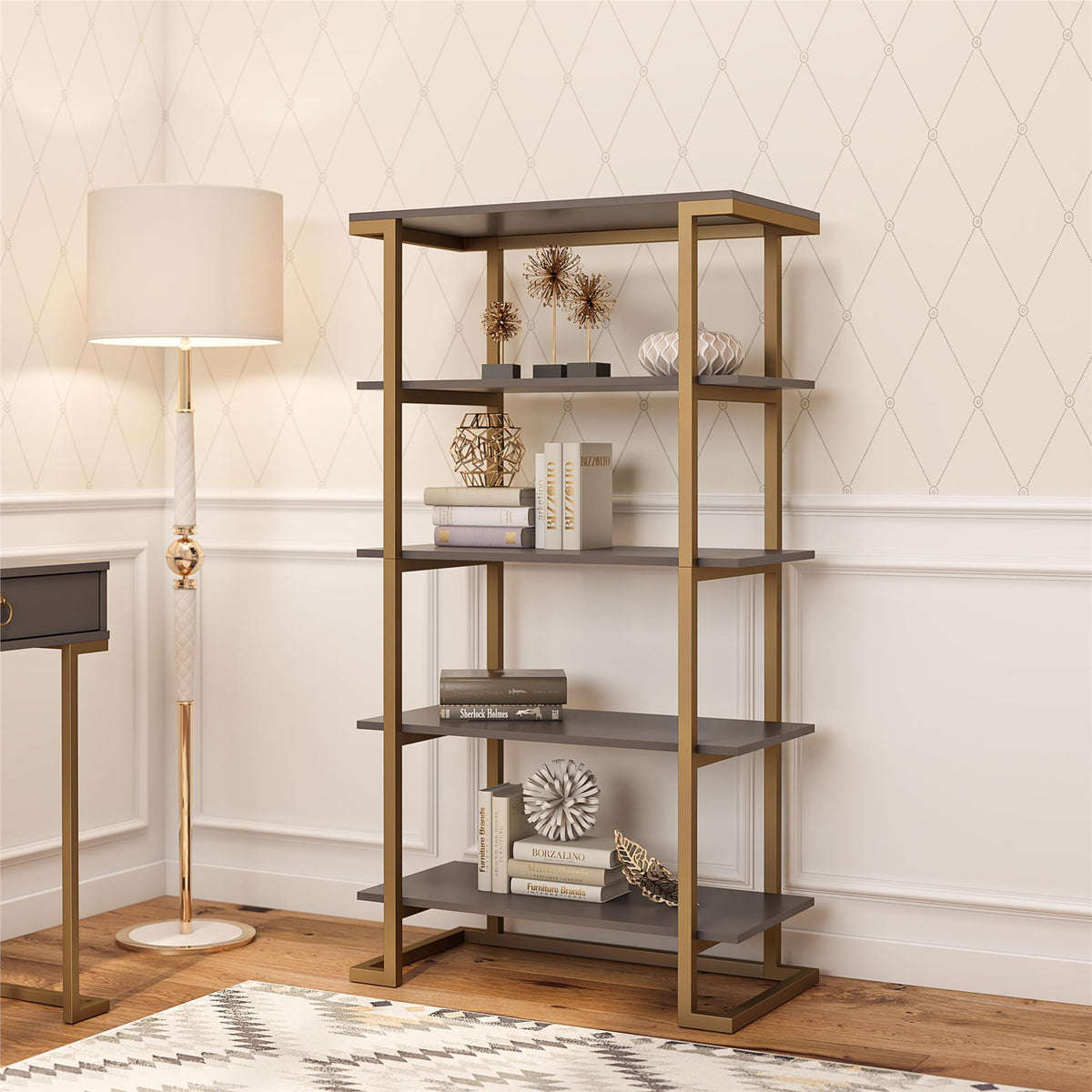 Hyllenhet - 76x40x141 cm - med 5 hyllplan, metallram i mässingsfärg - grå - Camila