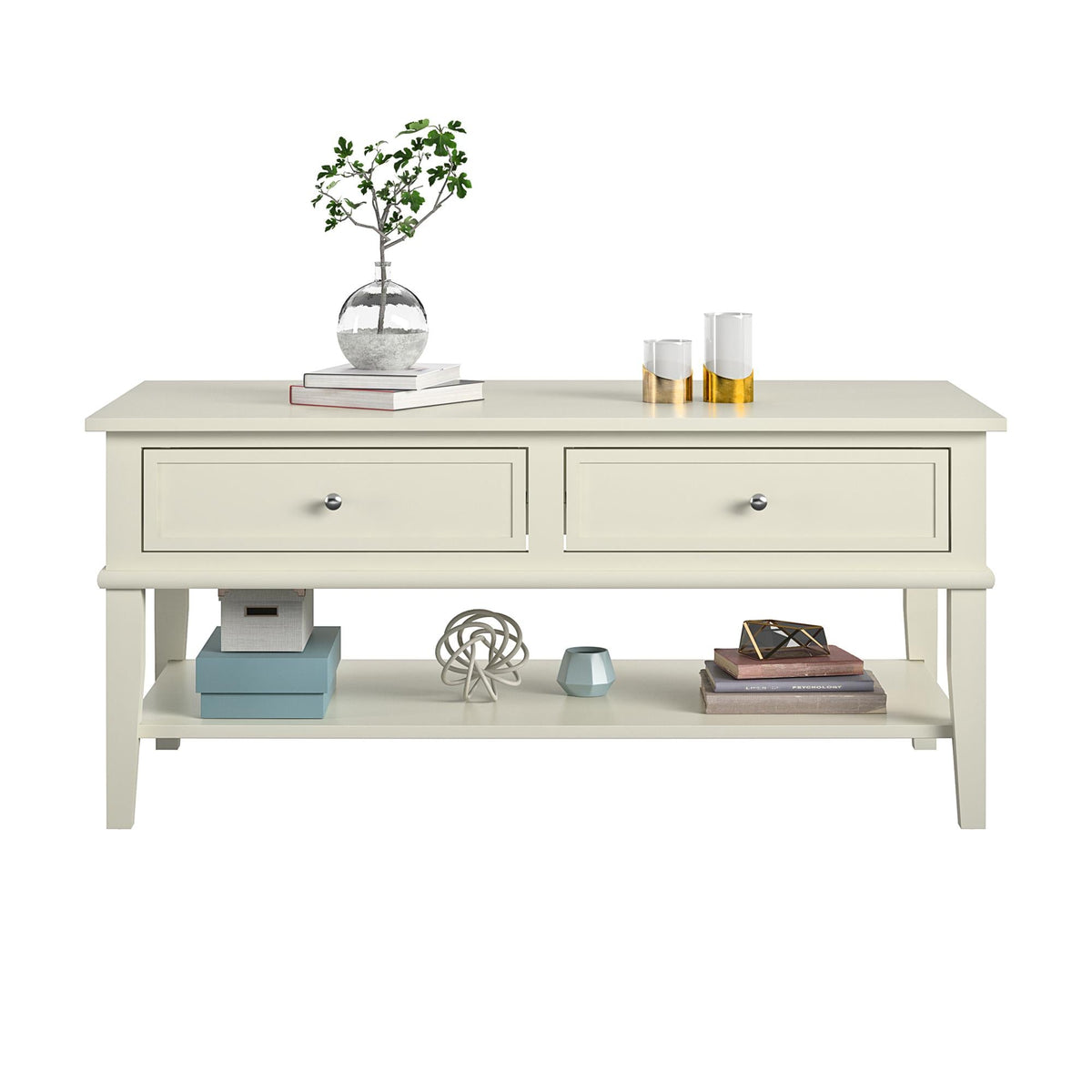 Soffbord - 105x52x47 cm - med 2 lådor och hylla - vit - Franklin