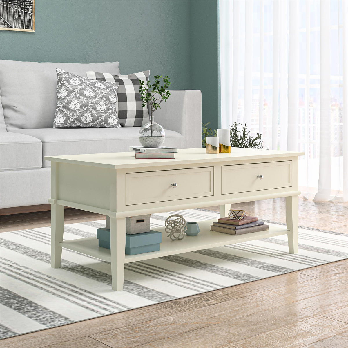 Soffbord - 105x52x47 cm - med 2 lådor och hylla - vit - Franklin